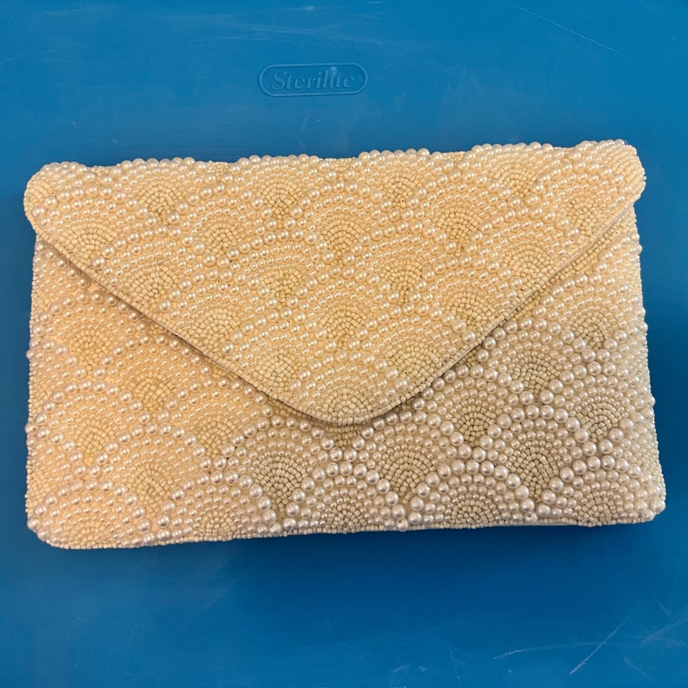 Beaded Pearl Envelope Clutch in Cream